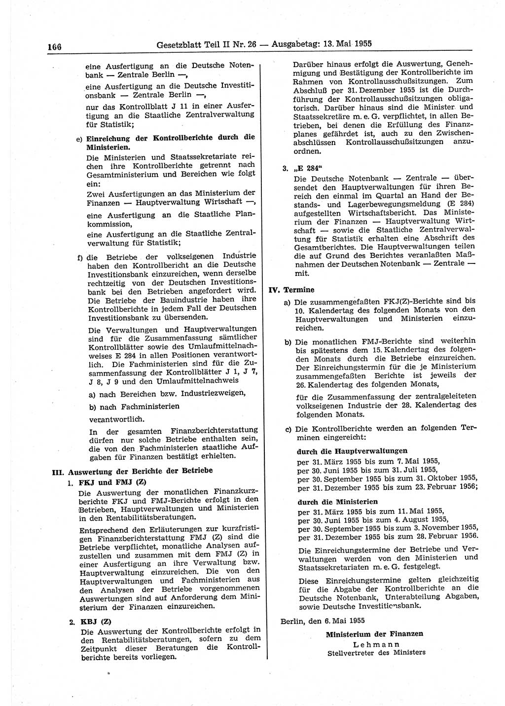 Gesetzblatt (GBl.) der Deutschen Demokratischen Republik (DDR) Teil ⅠⅠ 1955, Seite 166 (GBl. DDR ⅠⅠ 1955, S. 166)