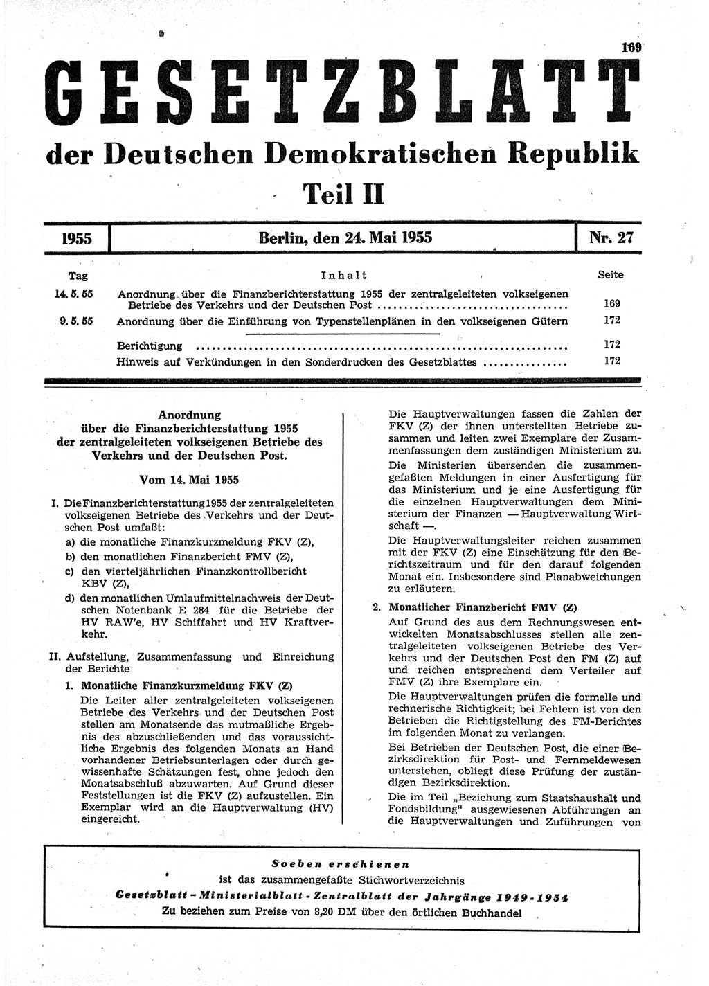 Gesetzblatt (GBl.) der Deutschen Demokratischen Republik (DDR) Teil ⅠⅠ 1955, Seite 169 (GBl. DDR ⅠⅠ 1955, S. 169)