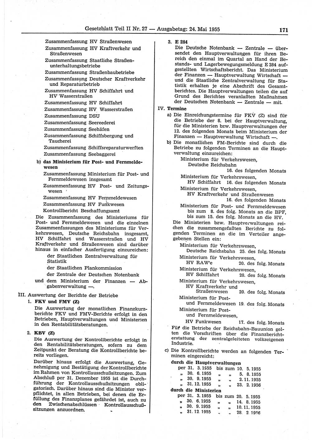 Gesetzblatt (GBl.) der Deutschen Demokratischen Republik (DDR) Teil ⅠⅠ 1955, Seite 171 (GBl. DDR ⅠⅠ 1955, S. 171)