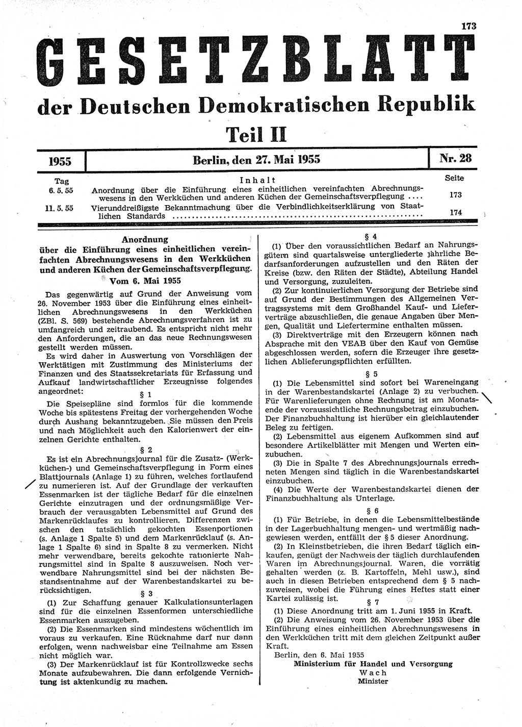 Gesetzblatt (GBl.) der Deutschen Demokratischen Republik (DDR) Teil ⅠⅠ 1955, Seite 173 (GBl. DDR ⅠⅠ 1955, S. 173)