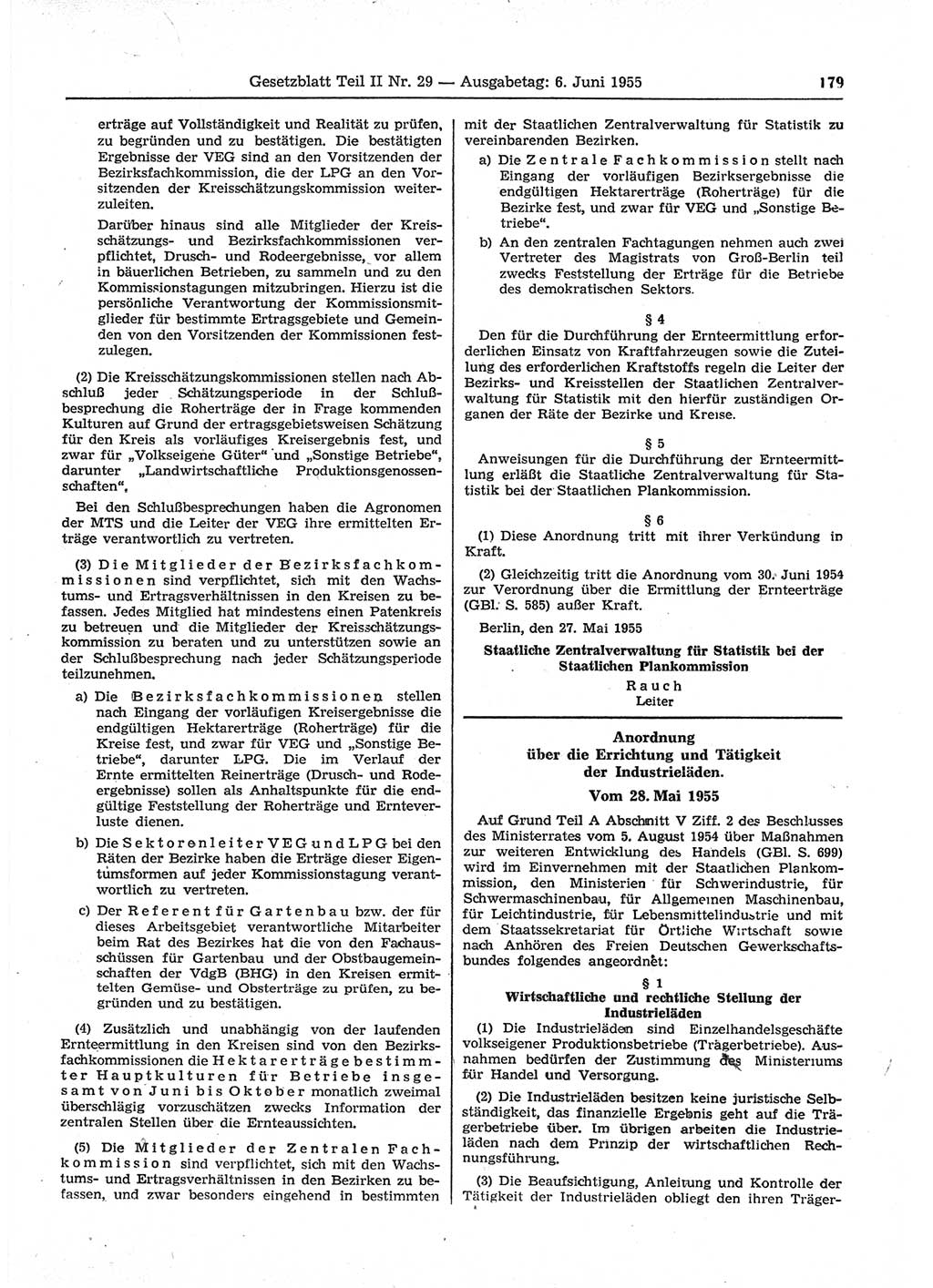 Gesetzblatt (GBl.) der Deutschen Demokratischen Republik (DDR) Teil ⅠⅠ 1955, Seite 179 (GBl. DDR ⅠⅠ 1955, S. 179)