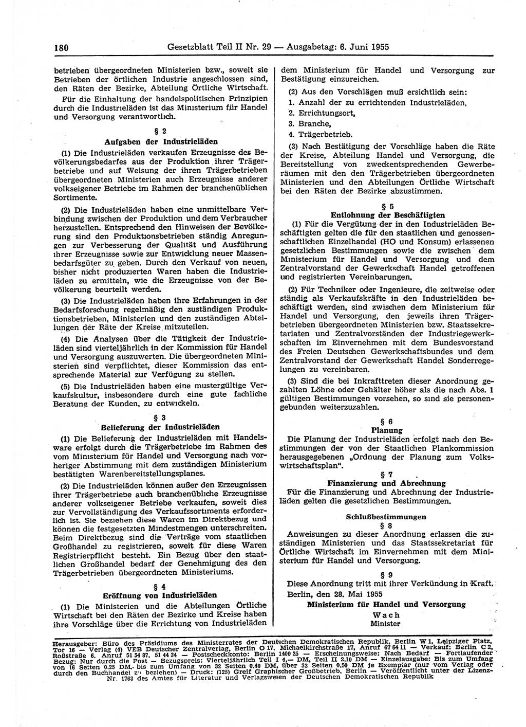 Gesetzblatt (GBl.) der Deutschen Demokratischen Republik (DDR) Teil ⅠⅠ 1955, Seite 180 (GBl. DDR ⅠⅠ 1955, S. 180)