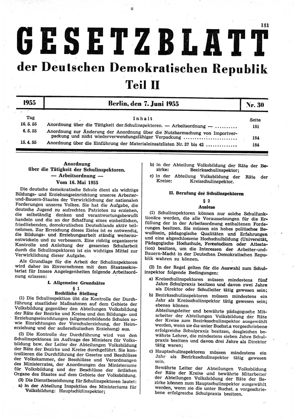 Gesetzblatt (GBl.) der Deutschen Demokratischen Republik (DDR) Teil ⅠⅠ 1955, Seite 181 (GBl. DDR ⅠⅠ 1955, S. 181)