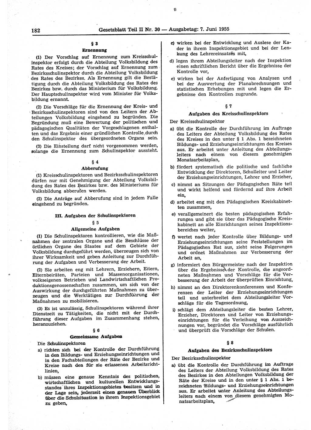 Gesetzblatt (GBl.) der Deutschen Demokratischen Republik (DDR) Teil ⅠⅠ 1955, Seite 182 (GBl. DDR ⅠⅠ 1955, S. 182)