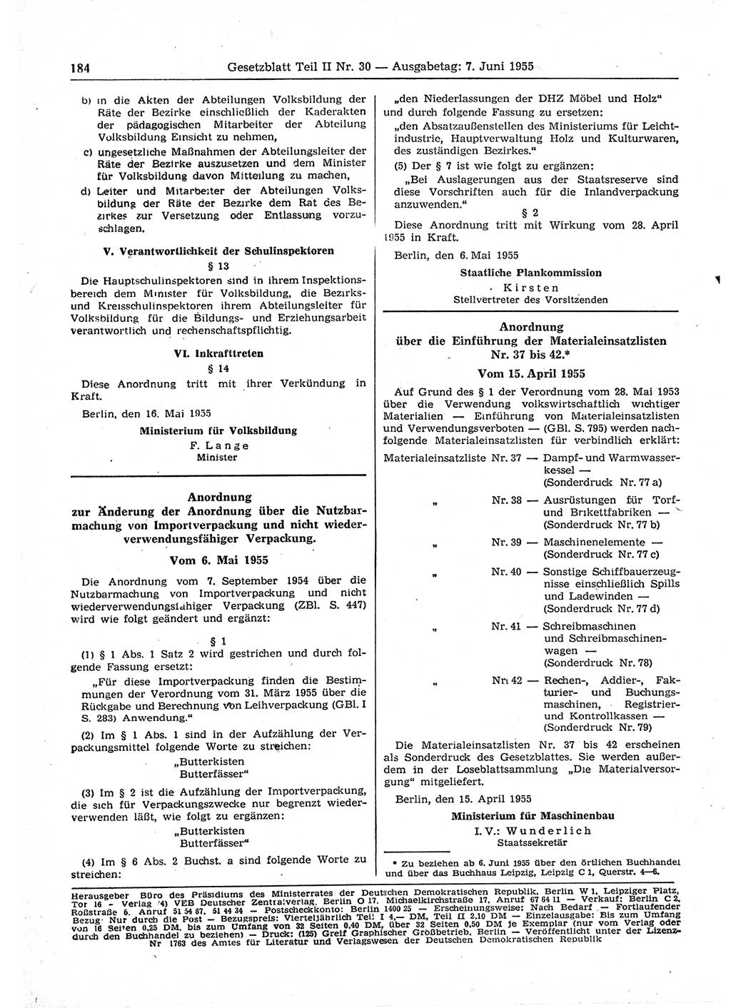 Gesetzblatt (GBl.) der Deutschen Demokratischen Republik (DDR) Teil ⅠⅠ 1955, Seite 184 (GBl. DDR ⅠⅠ 1955, S. 184)