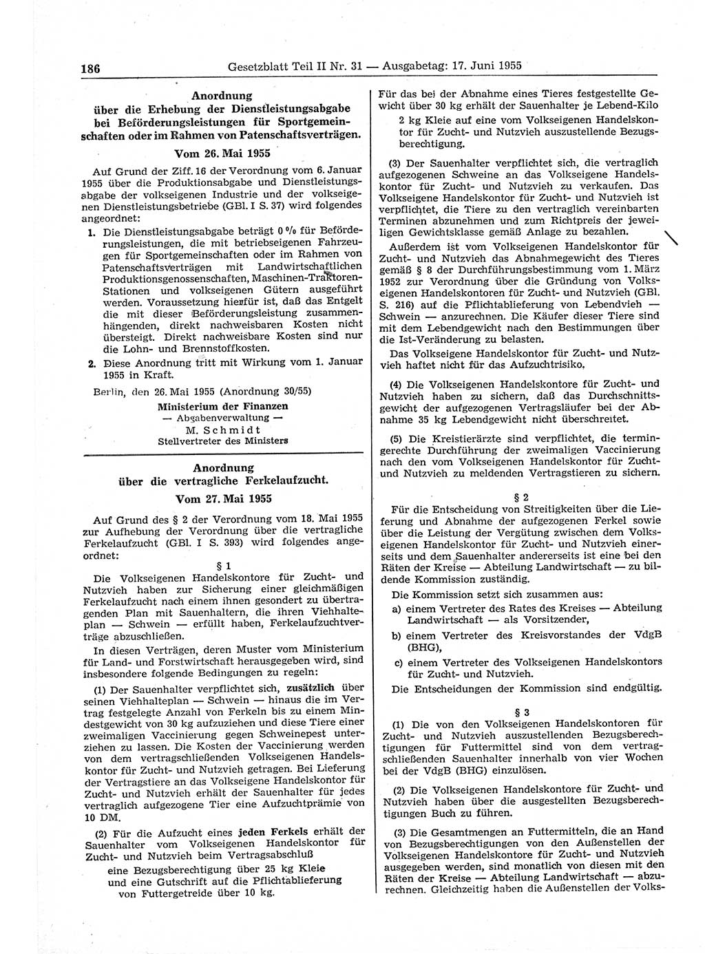 Gesetzblatt (GBl.) der Deutschen Demokratischen Republik (DDR) Teil ⅠⅠ 1955, Seite 186 (GBl. DDR ⅠⅠ 1955, S. 186)