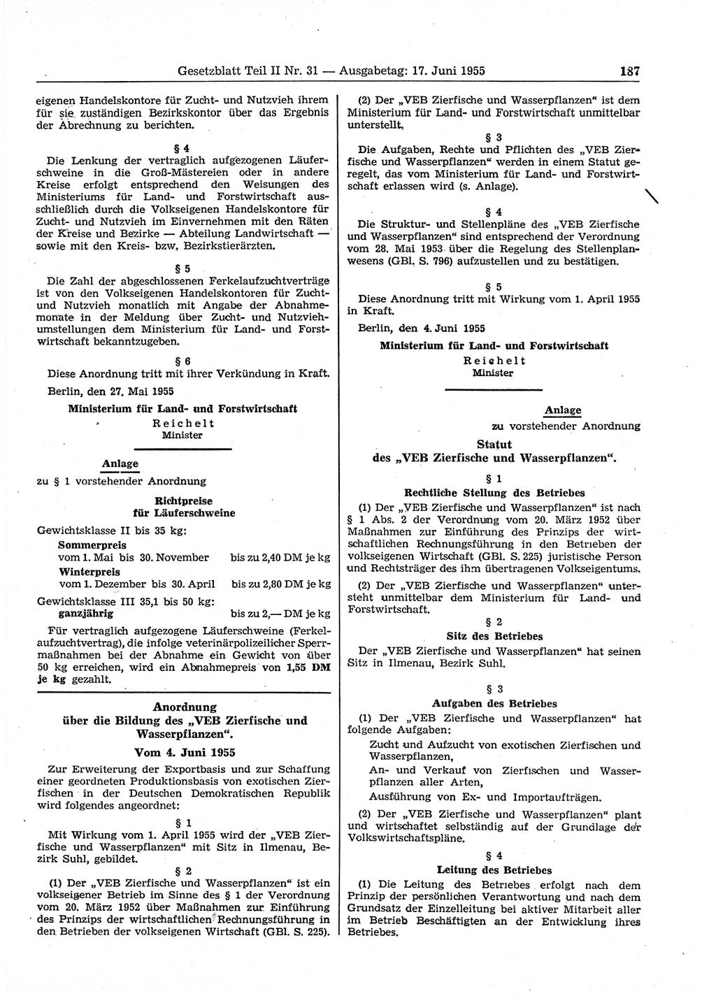 Gesetzblatt (GBl.) der Deutschen Demokratischen Republik (DDR) Teil ⅠⅠ 1955, Seite 187 (GBl. DDR ⅠⅠ 1955, S. 187)