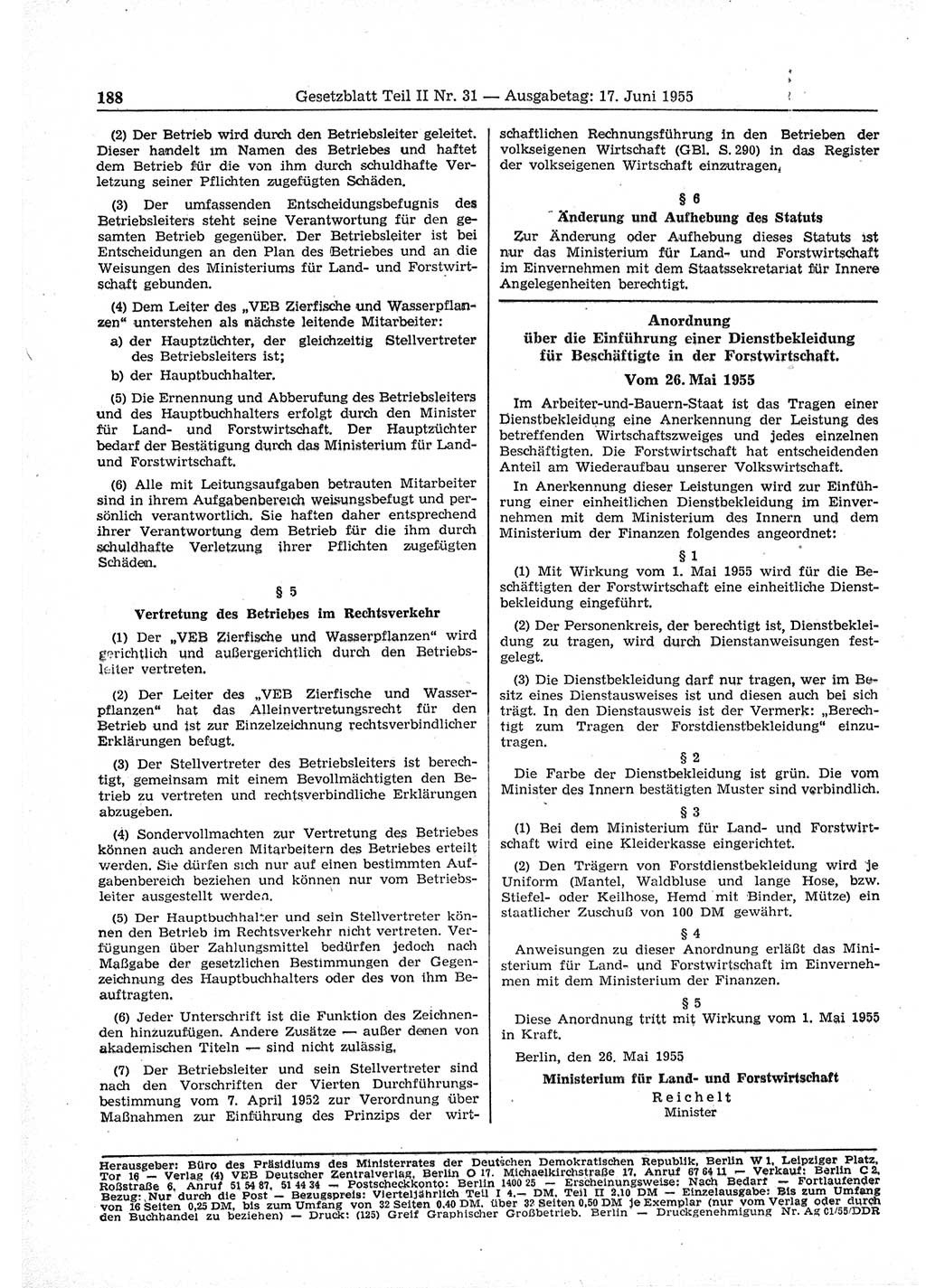 Gesetzblatt (GBl.) der Deutschen Demokratischen Republik (DDR) Teil ⅠⅠ 1955, Seite 188 (GBl. DDR ⅠⅠ 1955, S. 188)