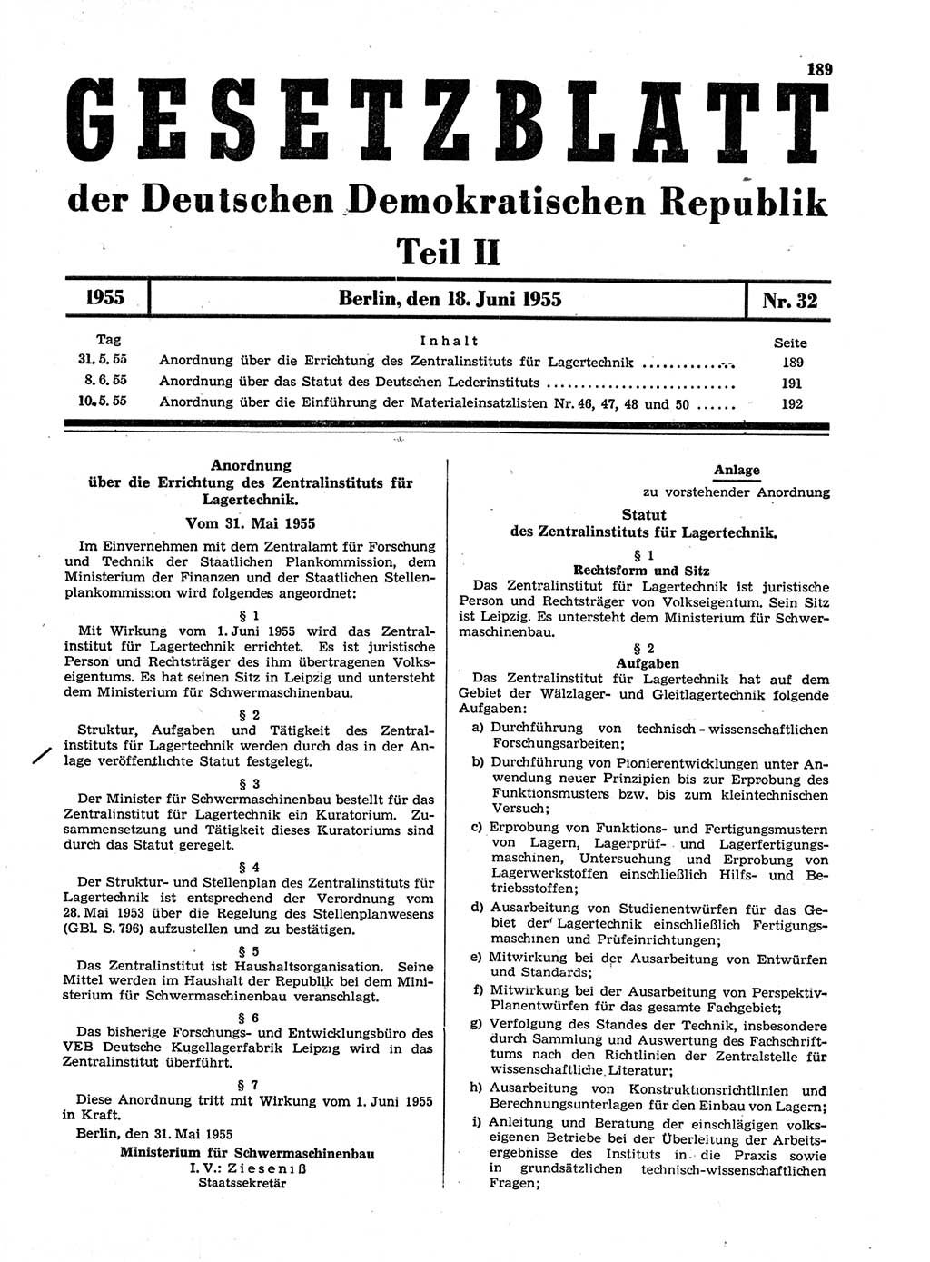 Gesetzblatt (GBl.) der Deutschen Demokratischen Republik (DDR) Teil ⅠⅠ 1955, Seite 189 (GBl. DDR ⅠⅠ 1955, S. 189)