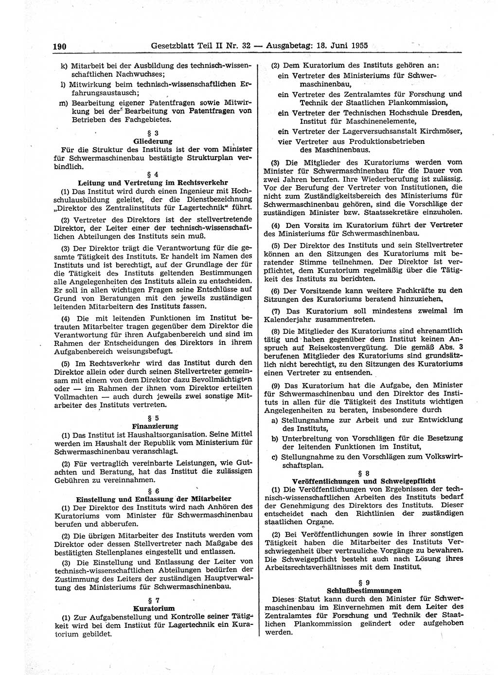 Gesetzblatt (GBl.) der Deutschen Demokratischen Republik (DDR) Teil ⅠⅠ 1955, Seite 190 (GBl. DDR ⅠⅠ 1955, S. 190)