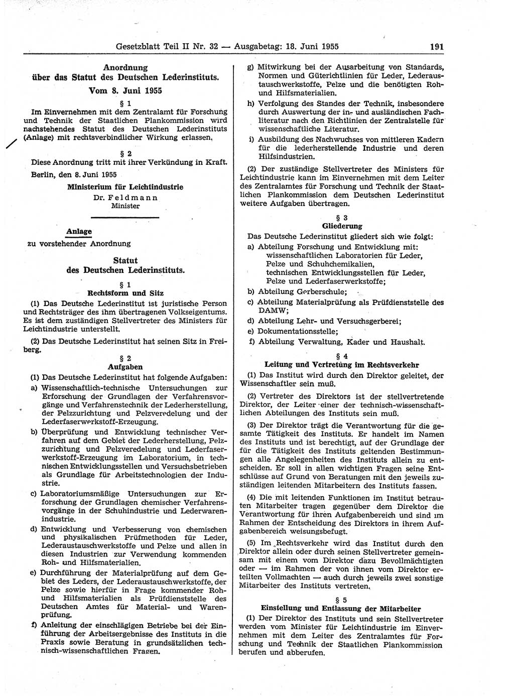 Gesetzblatt (GBl.) der Deutschen Demokratischen Republik (DDR) Teil ⅠⅠ 1955, Seite 191 (GBl. DDR ⅠⅠ 1955, S. 191)