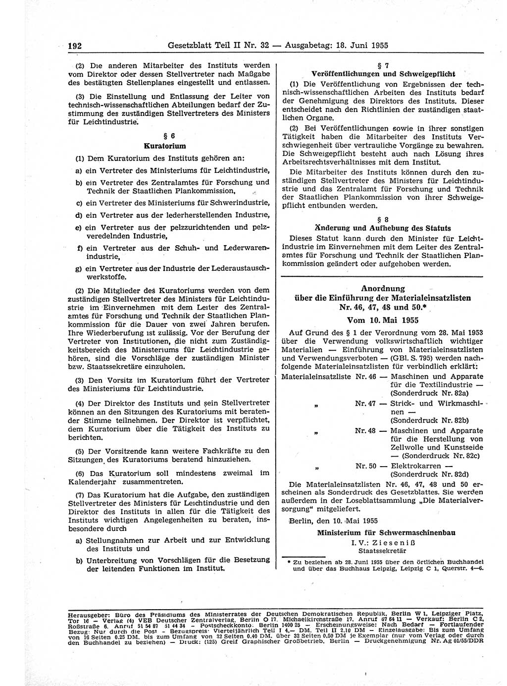 Gesetzblatt (GBl.) der Deutschen Demokratischen Republik (DDR) Teil ⅠⅠ 1955, Seite 192 (GBl. DDR ⅠⅠ 1955, S. 192)