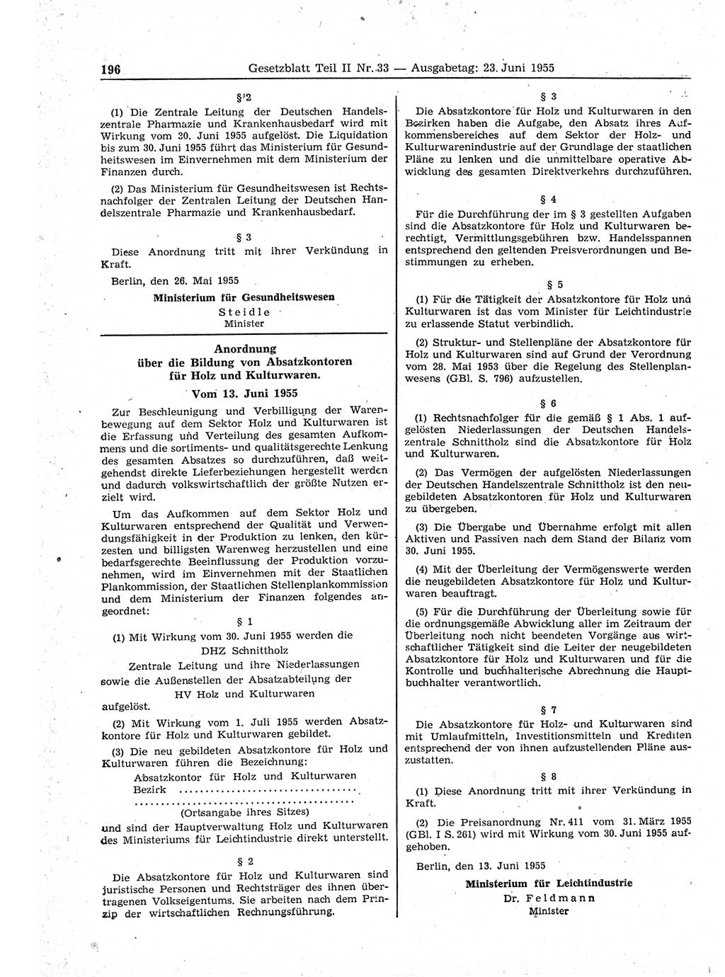 Gesetzblatt (GBl.) der Deutschen Demokratischen Republik (DDR) Teil ⅠⅠ 1955, Seite 196 (GBl. DDR ⅠⅠ 1955, S. 196)