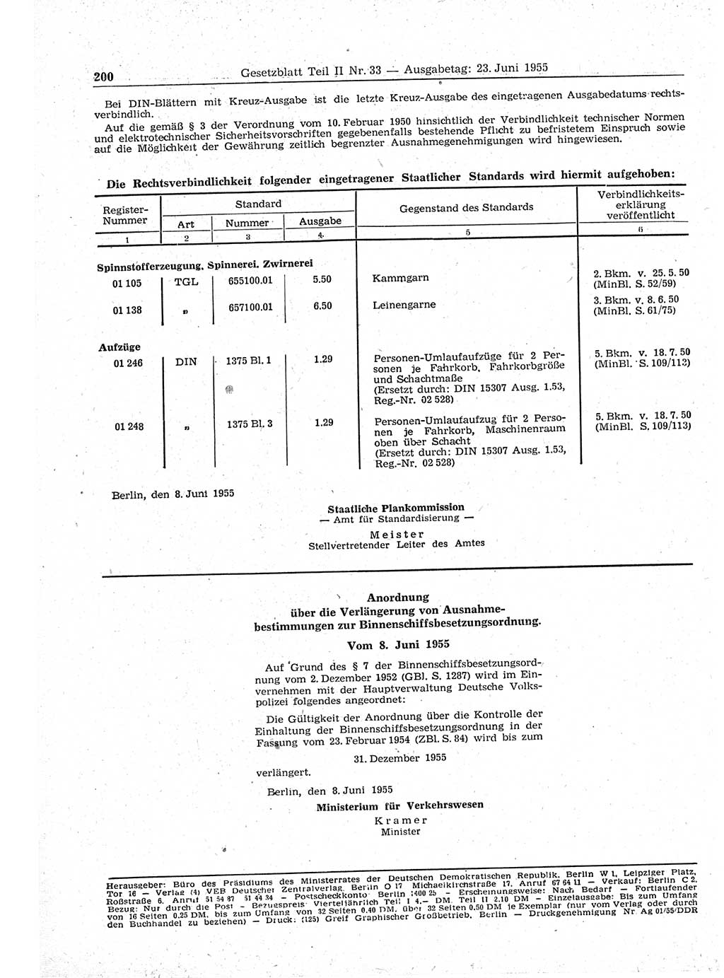 Gesetzblatt (GBl.) der Deutschen Demokratischen Republik (DDR) Teil ⅠⅠ 1955, Seite 200 (GBl. DDR ⅠⅠ 1955, S. 200)