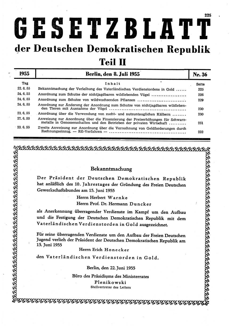 Gesetzblatt (GBl.) der Deutschen Demokratischen Republik (DDR) Teil ⅠⅠ 1955, Seite 225 (GBl. DDR ⅠⅠ 1955, S. 225)