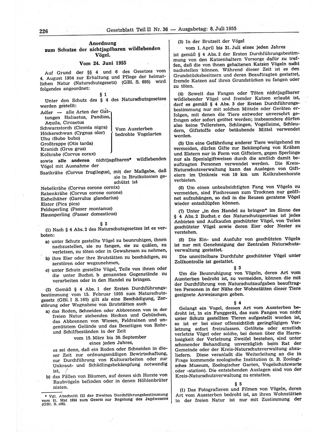 Gesetzblatt (GBl.) der Deutschen Demokratischen Republik (DDR) Teil ⅠⅠ 1955, Seite 226 (GBl. DDR ⅠⅠ 1955, S. 226)