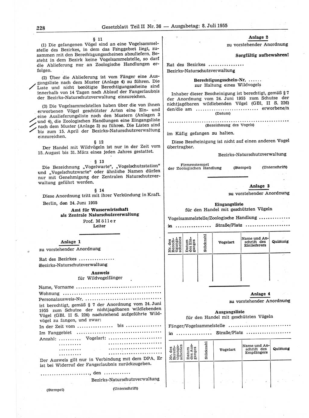 Gesetzblatt (GBl.) der Deutschen Demokratischen Republik (DDR) Teil ⅠⅠ 1955, Seite 228 (GBl. DDR ⅠⅠ 1955, S. 228)