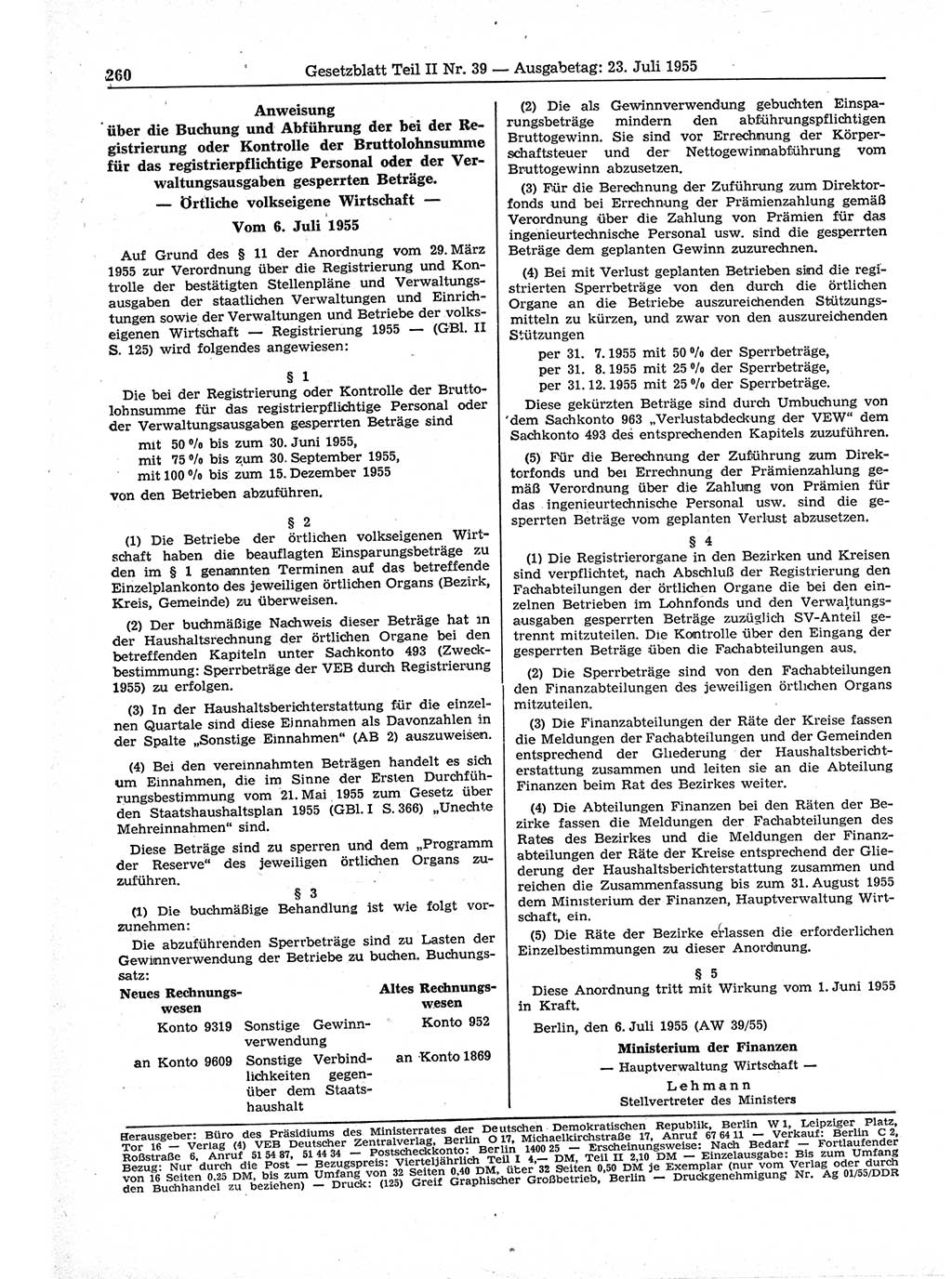 Gesetzblatt (GBl.) der Deutschen Demokratischen Republik (DDR) Teil ⅠⅠ 1955, Seite 260 (GBl. DDR ⅠⅠ 1955, S. 260)