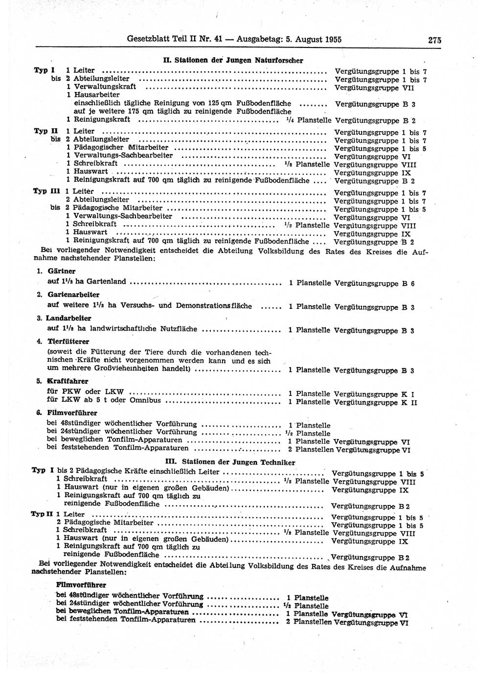 Gesetzblatt (GBl.) der Deutschen Demokratischen Republik (DDR) Teil ⅠⅠ 1955, Seite 275 (GBl. DDR ⅠⅠ 1955, S. 275)