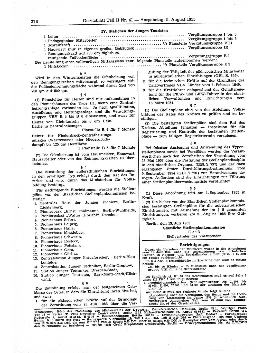 Gesetzblatt (GBl.) der Deutschen Demokratischen Republik (DDR) Teil ⅠⅠ 1955, Seite 276 (GBl. DDR ⅠⅠ 1955, S. 276)