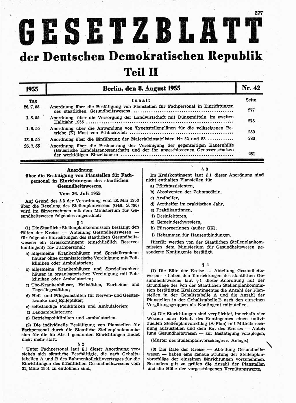 Gesetzblatt (GBl.) der Deutschen Demokratischen Republik (DDR) Teil ⅠⅠ 1955, Seite 277 (GBl. DDR ⅠⅠ 1955, S. 277)