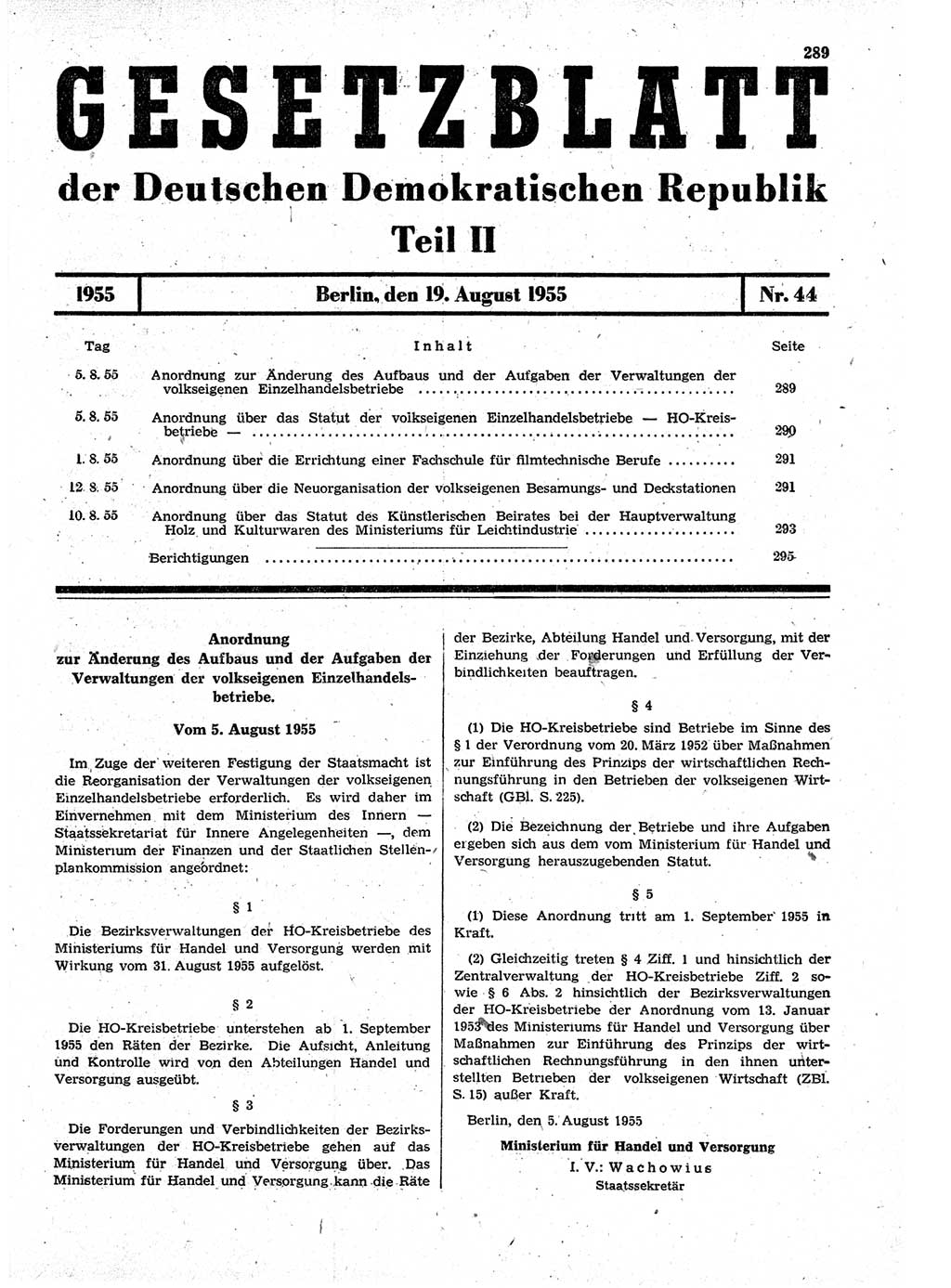 Gesetzblatt (GBl.) der Deutschen Demokratischen Republik (DDR) Teil ⅠⅠ 1955, Seite 289 (GBl. DDR ⅠⅠ 1955, S. 289)