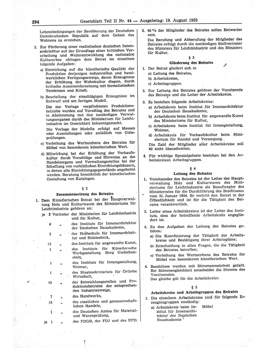 Gesetzblatt (GBl.) der Deutschen Demokratischen Republik (DDR) Teil ⅠⅠ 1955, Seite 294 (GBl. DDR ⅠⅠ 1955, S. 294)