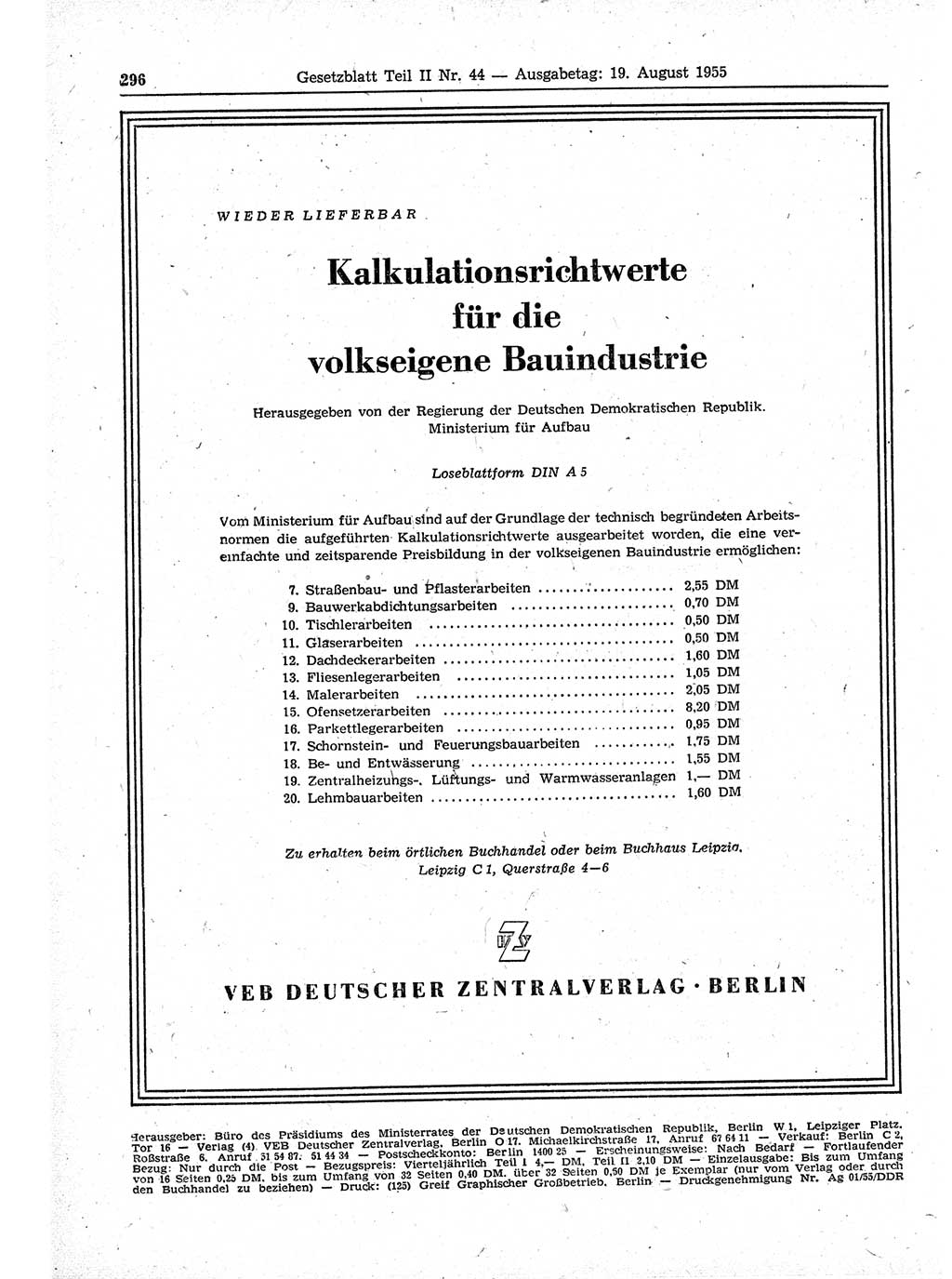 Gesetzblatt (GBl.) der Deutschen Demokratischen Republik (DDR) Teil ⅠⅠ 1955, Seite 296 (GBl. DDR ⅠⅠ 1955, S. 296)