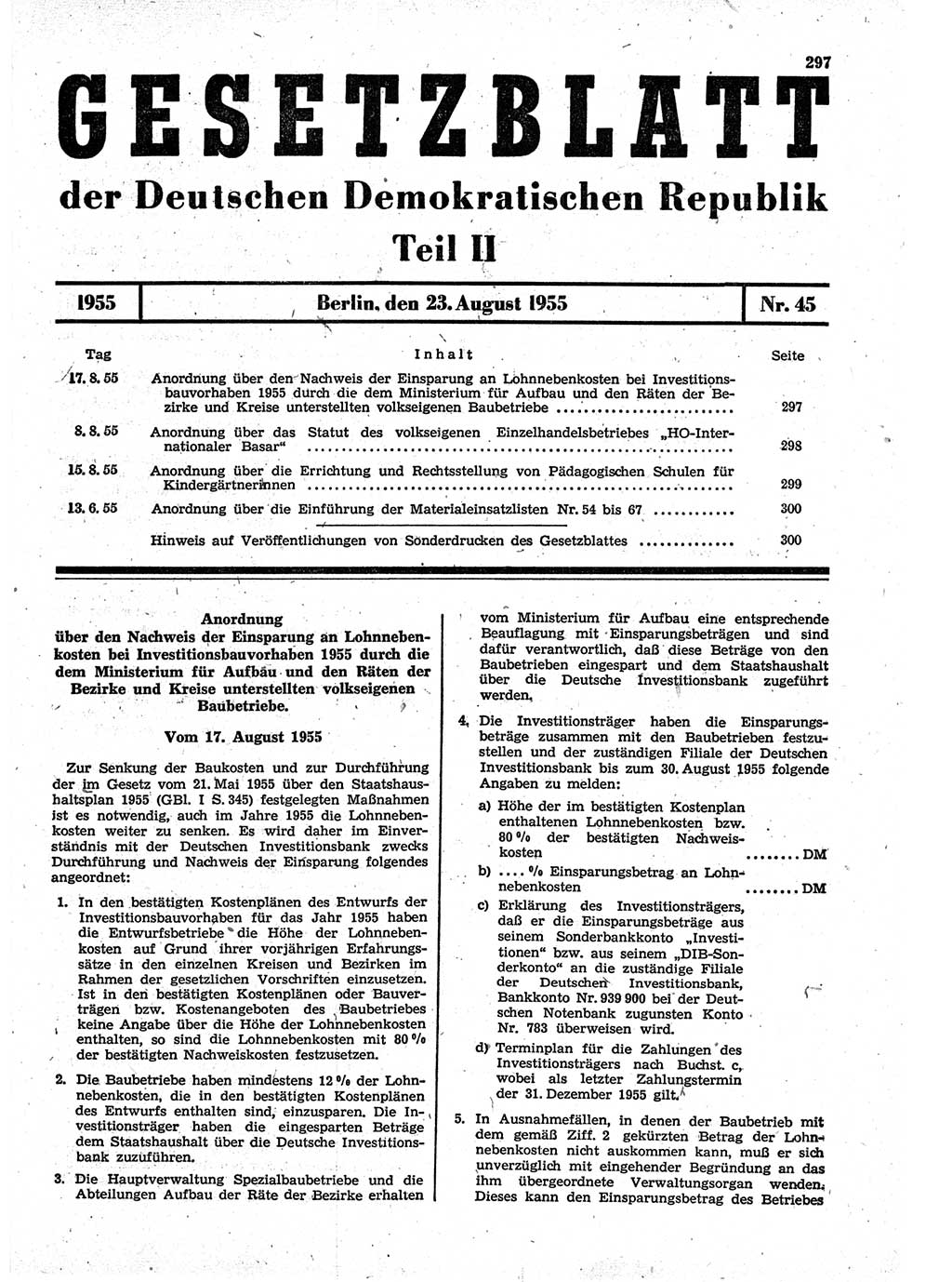 Gesetzblatt (GBl.) der Deutschen Demokratischen Republik (DDR) Teil ⅠⅠ 1955, Seite 297 (GBl. DDR ⅠⅠ 1955, S. 297)