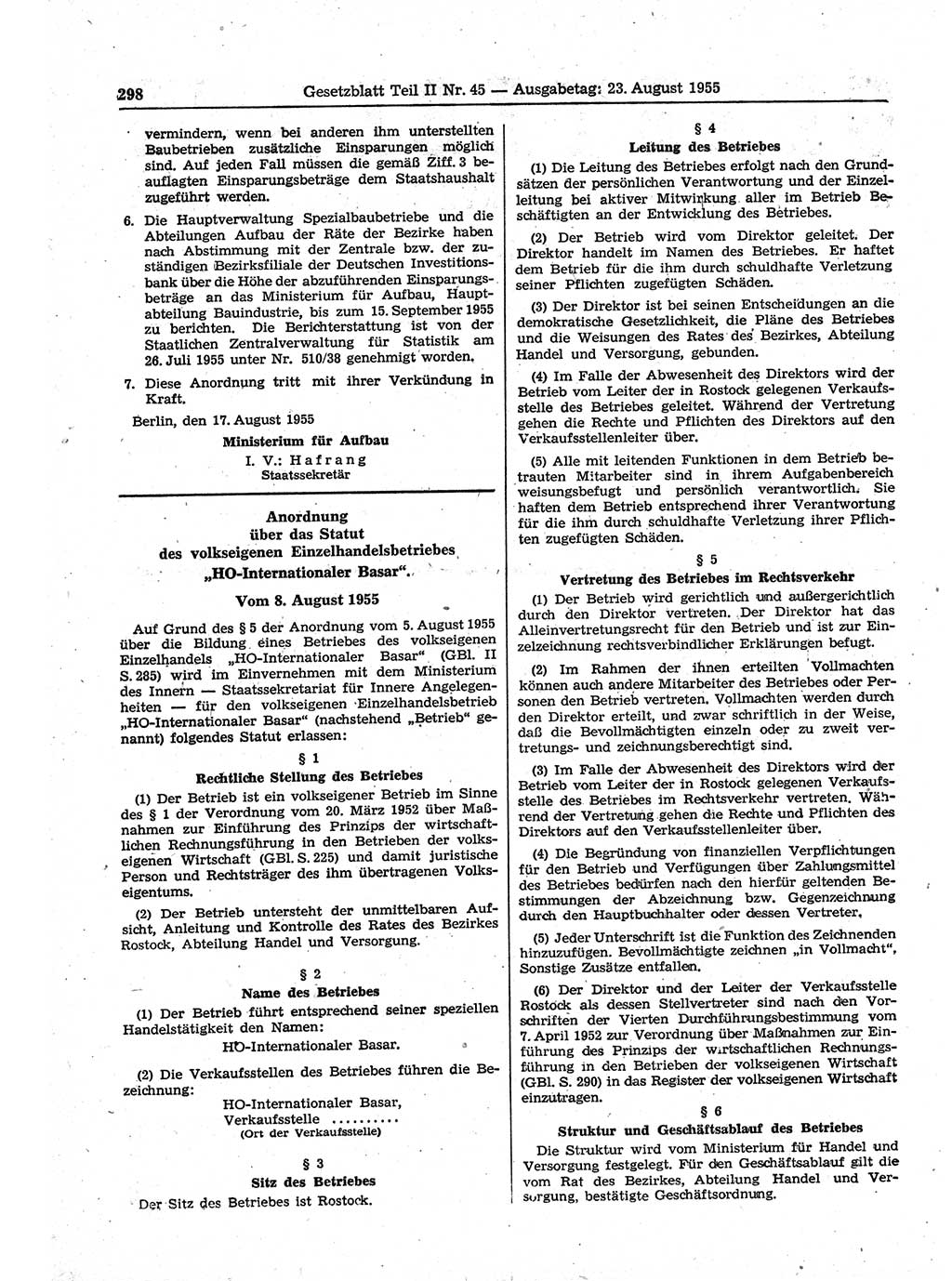 Gesetzblatt (GBl.) der Deutschen Demokratischen Republik (DDR) Teil ⅠⅠ 1955, Seite 298 (GBl. DDR ⅠⅠ 1955, S. 298)