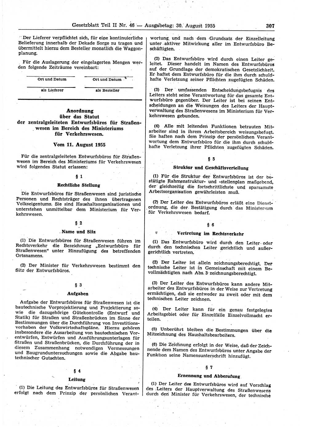 Gesetzblatt (GBl.) der Deutschen Demokratischen Republik (DDR) Teil ⅠⅠ 1955, Seite 307 (GBl. DDR ⅠⅠ 1955, S. 307)