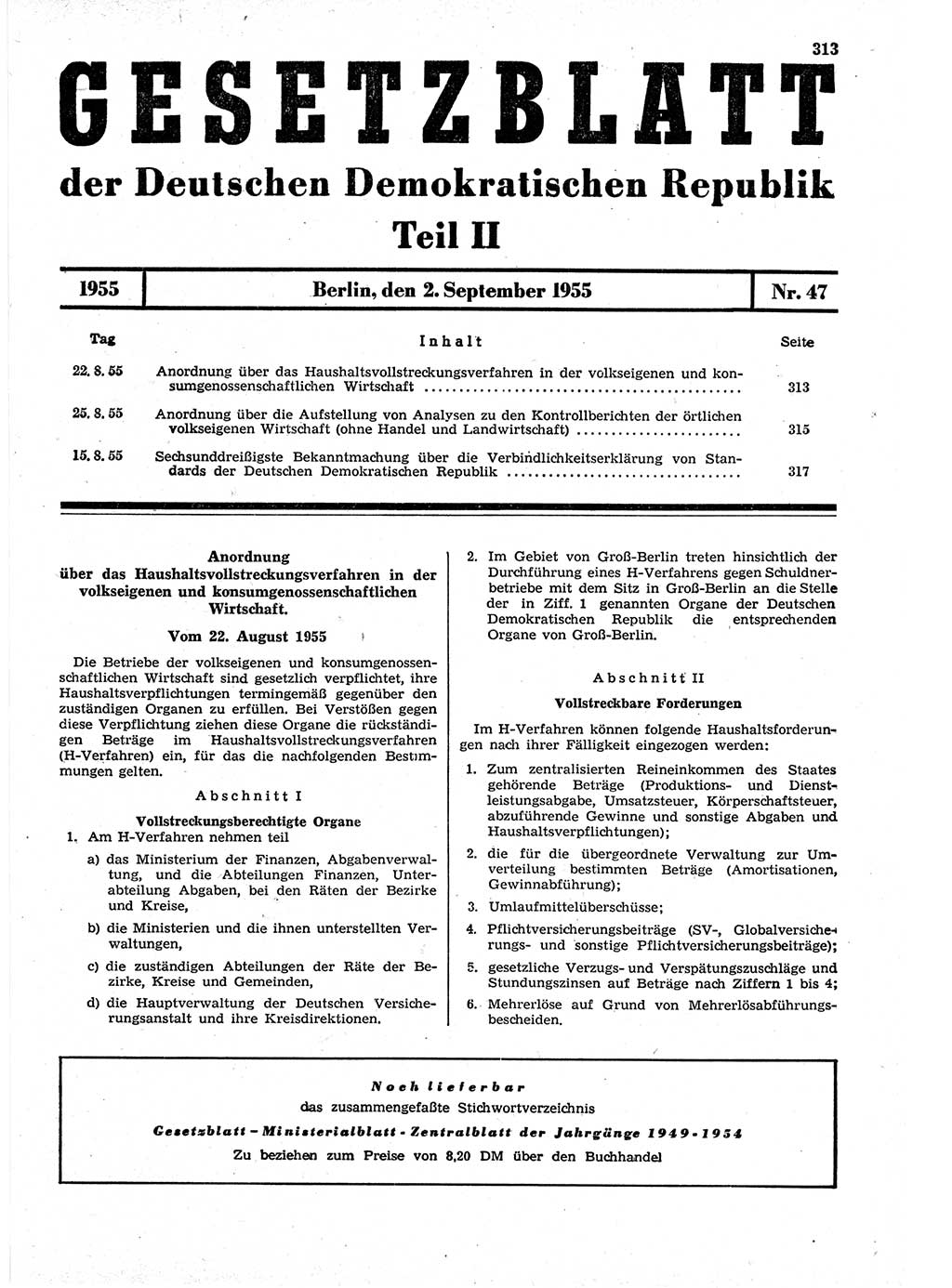 Gesetzblatt (GBl.) der Deutschen Demokratischen Republik (DDR) Teil ⅠⅠ 1955, Seite 313 (GBl. DDR ⅠⅠ 1955, S. 313)