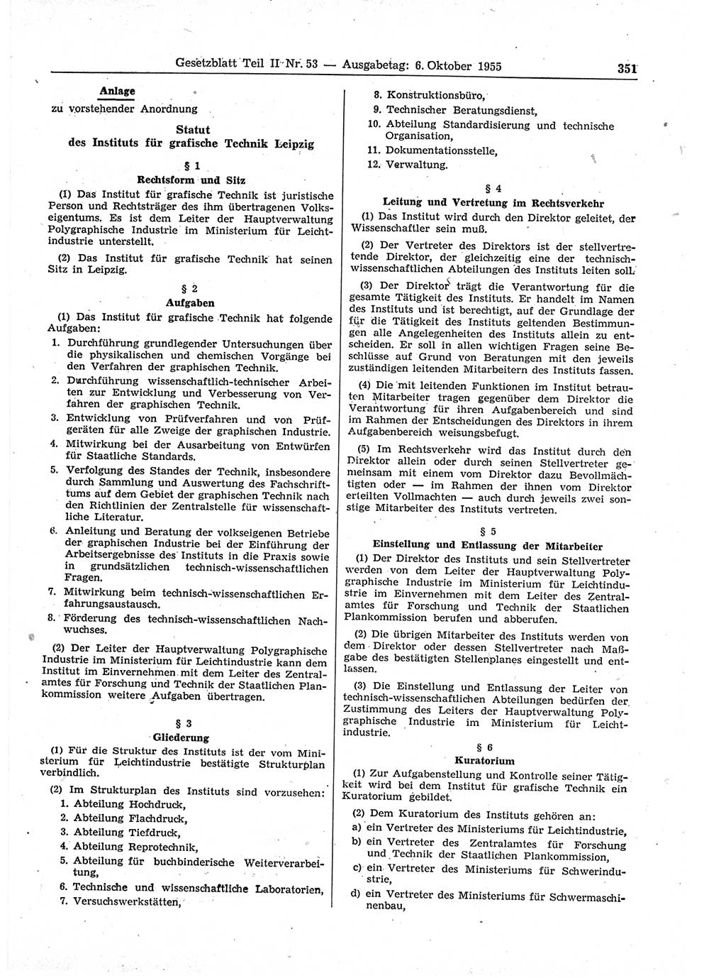 Gesetzblatt (GBl.) der Deutschen Demokratischen Republik (DDR) Teil ⅠⅠ 1955, Seite 351 (GBl. DDR ⅠⅠ 1955, S. 351)