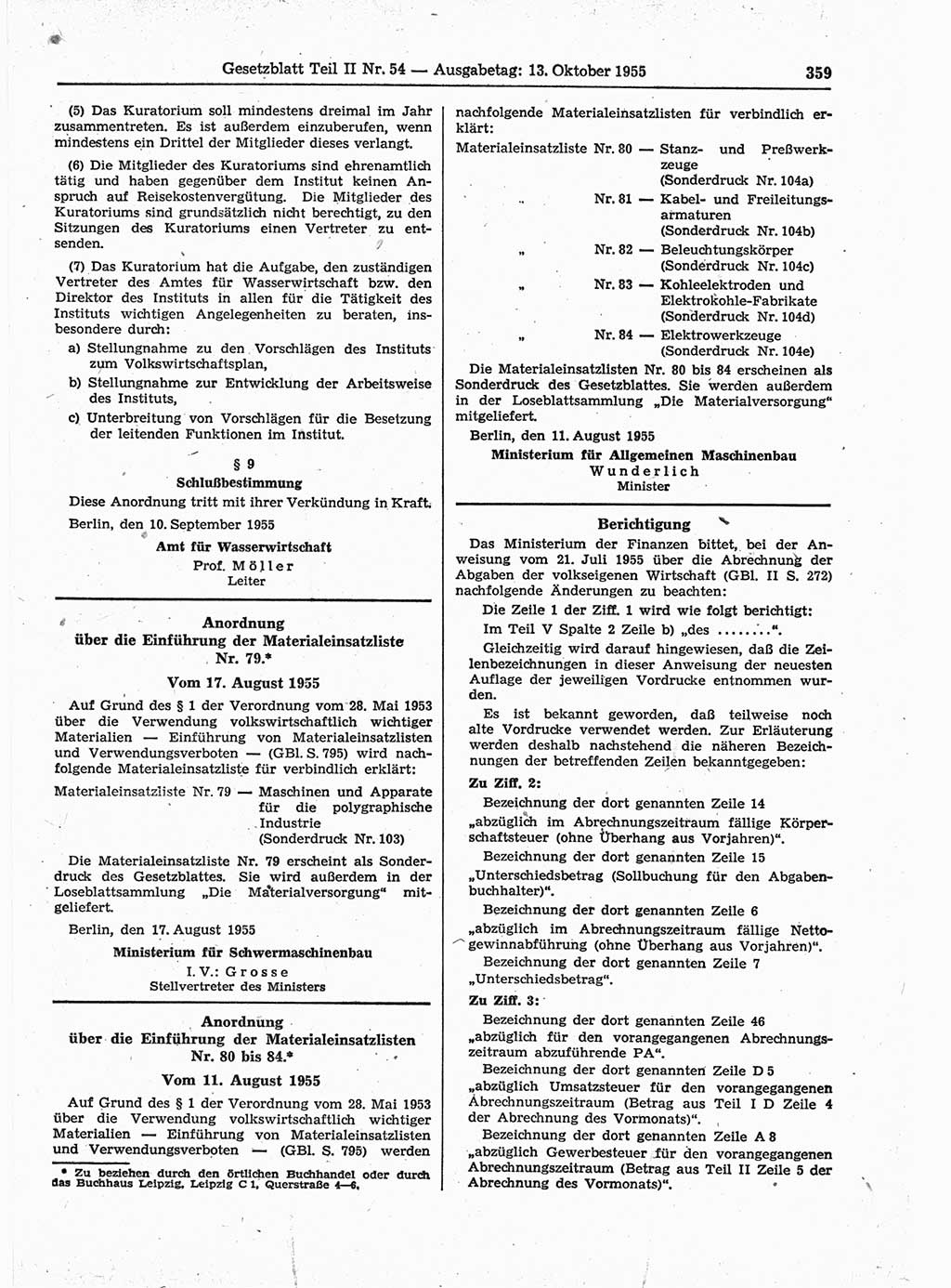 Gesetzblatt (GBl.) der Deutschen Demokratischen Republik (DDR) Teil ⅠⅠ 1955, Seite 359 (GBl. DDR ⅠⅠ 1955, S. 359)