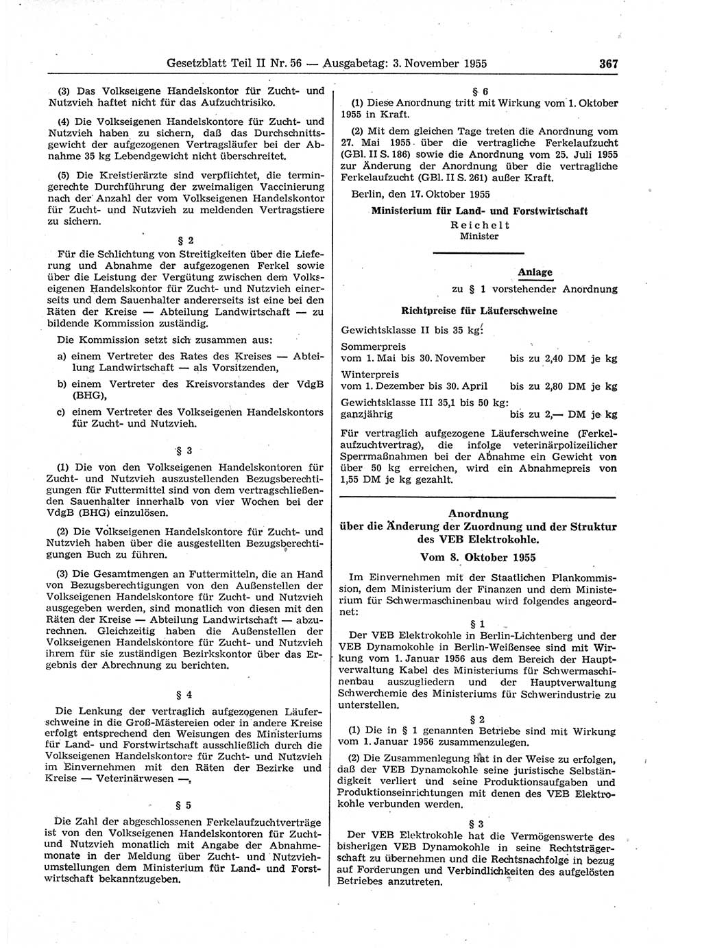 Gesetzblatt (GBl.) der Deutschen Demokratischen Republik (DDR) Teil ⅠⅠ 1955, Seite 367 (GBl. DDR ⅠⅠ 1955, S. 367)