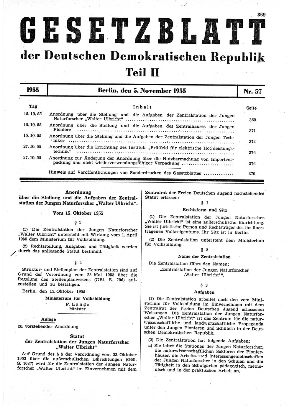 Gesetzblatt (GBl.) der Deutschen Demokratischen Republik (DDR) Teil ⅠⅠ 1955, Seite 369 (GBl. DDR ⅠⅠ 1955, S. 369)