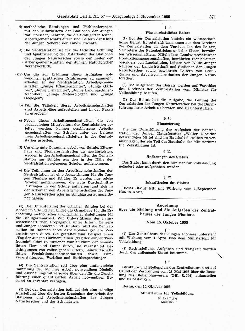 Gesetzblatt (GBl.) der Deutschen Demokratischen Republik (DDR) Teil ⅠⅠ 1955, Seite 371 (GBl. DDR ⅠⅠ 1955, S. 371)