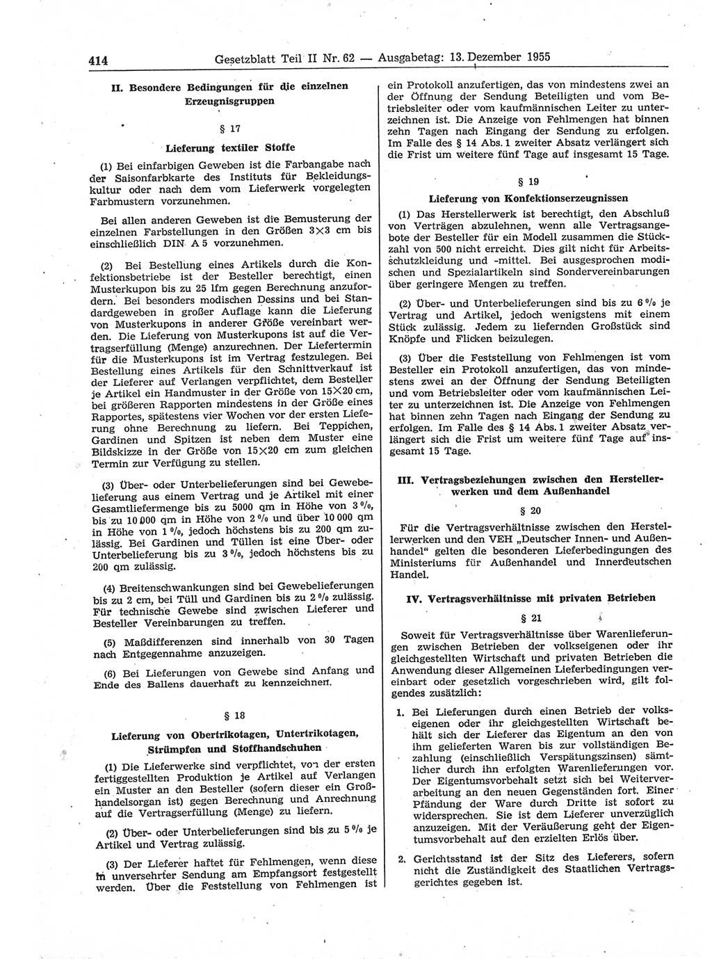 Gesetzblatt (GBl.) der Deutschen Demokratischen Republik (DDR) Teil ⅠⅠ 1955, Seite 414 (GBl. DDR ⅠⅠ 1955, S. 414)