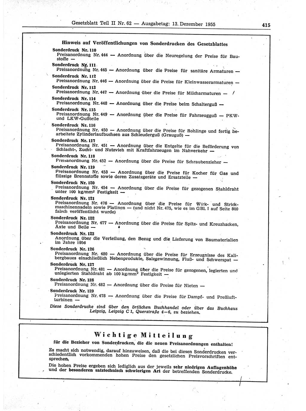 Gesetzblatt (GBl.) der Deutschen Demokratischen Republik (DDR) Teil ⅠⅠ 1955, Seite 415 (GBl. DDR ⅠⅠ 1955, S. 415)