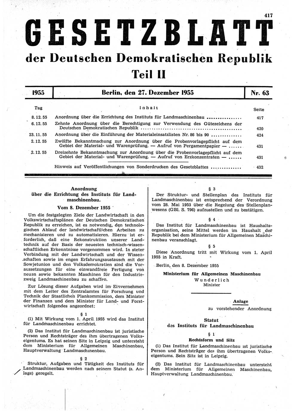 Gesetzblatt (GBl.) der Deutschen Demokratischen Republik (DDR) Teil ⅠⅠ 1955, Seite 417 (GBl. DDR ⅠⅠ 1955, S. 417)