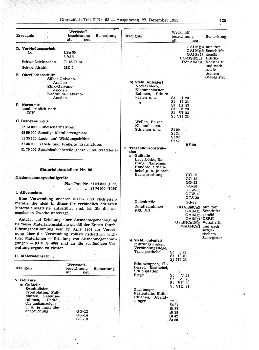 Gesetzblatt (GBl.) der Deutschen Demokratischen Republik (DDR) Teil ⅠⅠ 1955, Seite 429 (GBl. DDR ⅠⅠ 1955, S. 429)