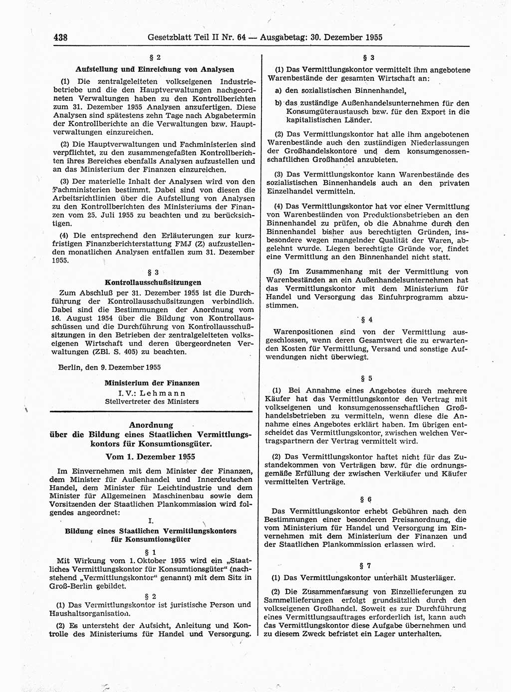 Gesetzblatt (GBl.) der Deutschen Demokratischen Republik (DDR) Teil ⅠⅠ 1955, Seite 438 (GBl. DDR ⅠⅠ 1955, S. 438)