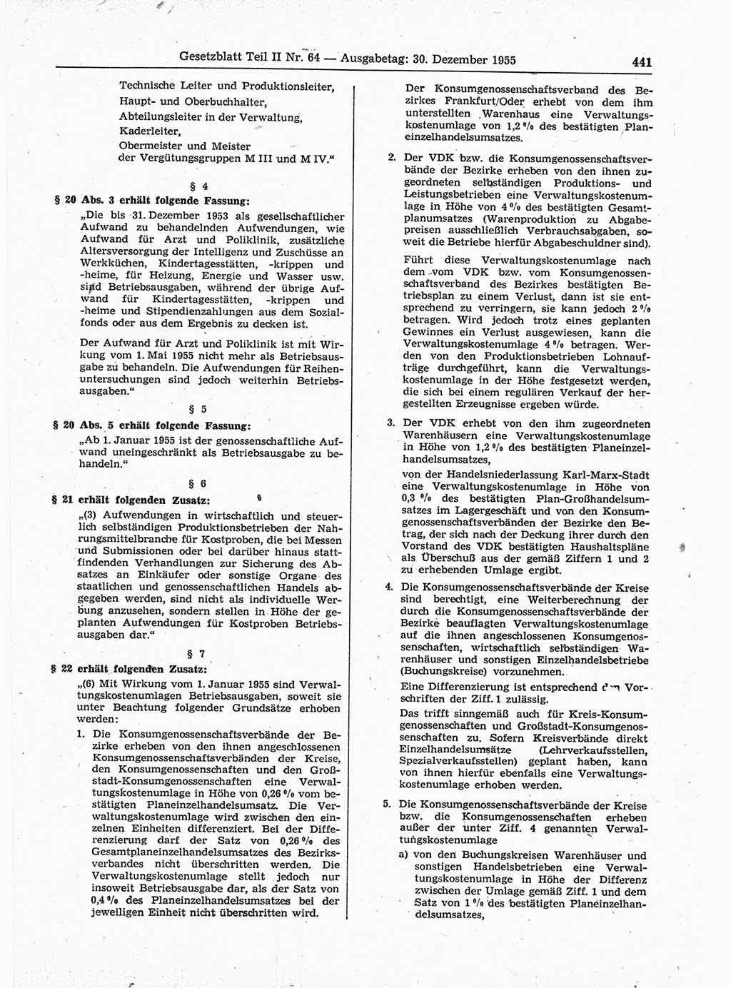 Gesetzblatt (GBl.) der Deutschen Demokratischen Republik (DDR) Teil ⅠⅠ 1955, Seite 441 (GBl. DDR ⅠⅠ 1955, S. 441)