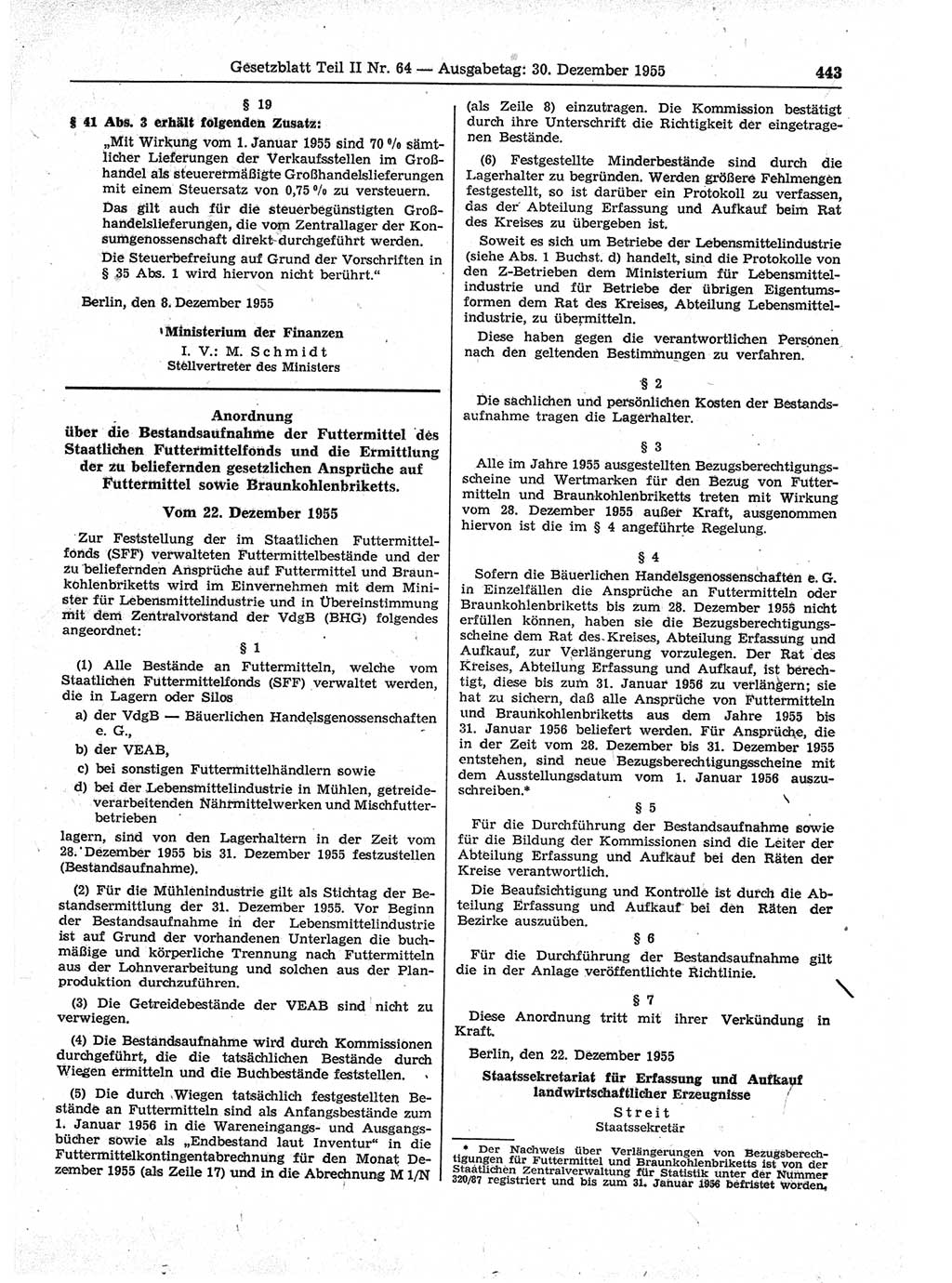 Gesetzblatt (GBl.) der Deutschen Demokratischen Republik (DDR) Teil ⅠⅠ 1955, Seite 443 (GBl. DDR ⅠⅠ 1955, S. 443)