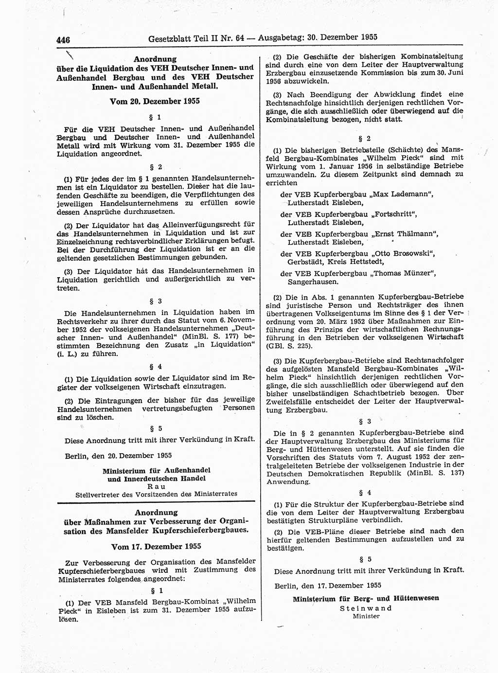 Gesetzblatt (GBl.) der Deutschen Demokratischen Republik (DDR) Teil ⅠⅠ 1955, Seite 446 (GBl. DDR ⅠⅠ 1955, S. 446)