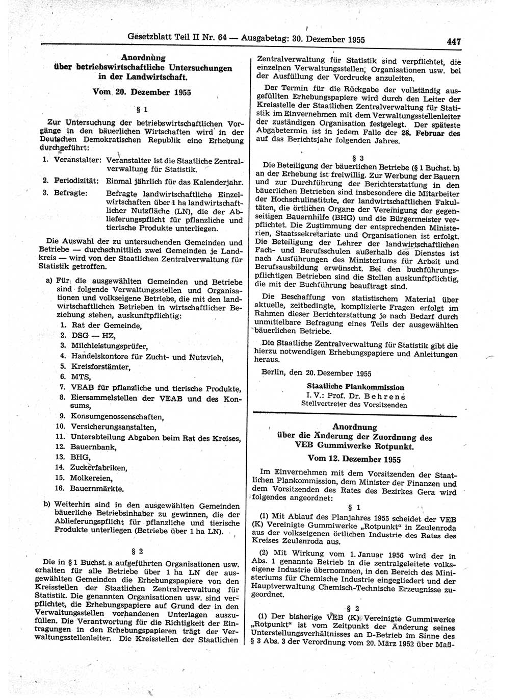 Gesetzblatt (GBl.) der Deutschen Demokratischen Republik (DDR) Teil ⅠⅠ 1955, Seite 447 (GBl. DDR ⅠⅠ 1955, S. 447)