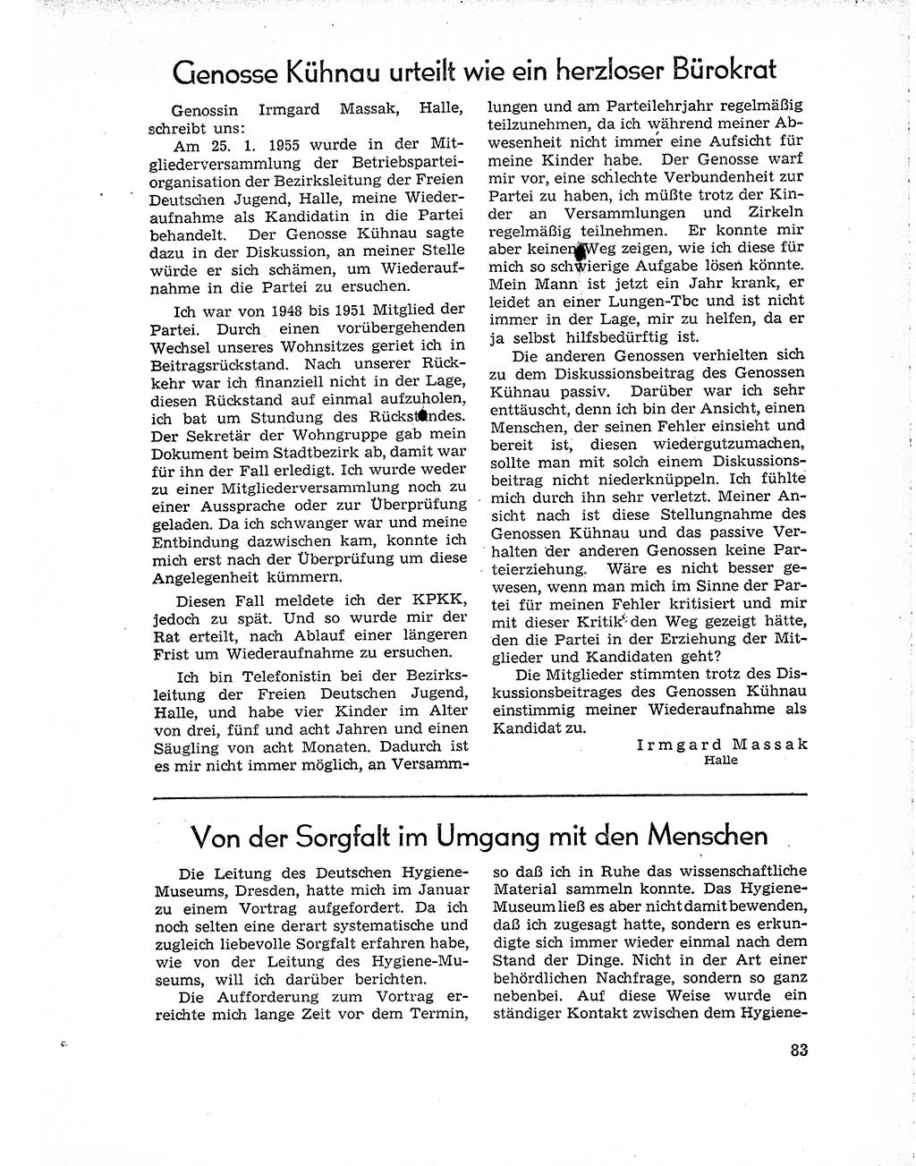 Neuer Weg (NW), Organ des Zentralkomitees (ZK) der SED (Sozialistische Einheitspartei Deutschlands) für Fragen des Parteiaufbaus und des Parteilebens, 10. Jahrgang [Deutsche Demokratische Republik (DDR)] 1955, Seite 83 (NW ZK SED DDR 1955, S. 83)