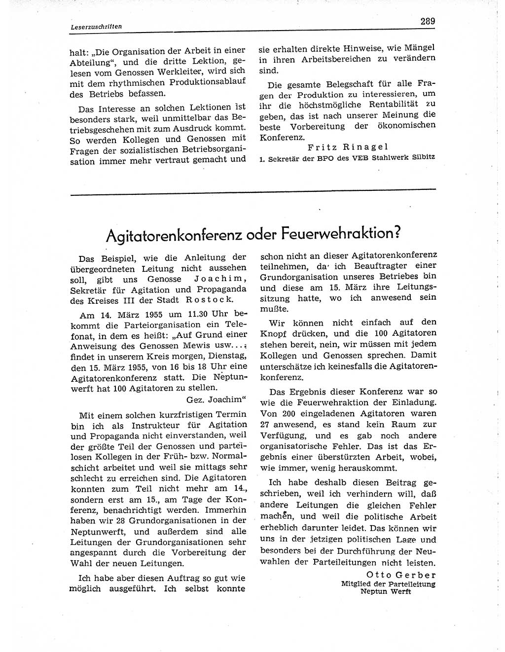 Neuer Weg (NW), Organ des Zentralkomitees (ZK) der SED (Sozialistische Einheitspartei Deutschlands) für Fragen des Parteiaufbaus und des Parteilebens, 10. Jahrgang [Deutsche Demokratische Republik (DDR)] 1955, Seite 289 (NW ZK SED DDR 1955, S. 289)