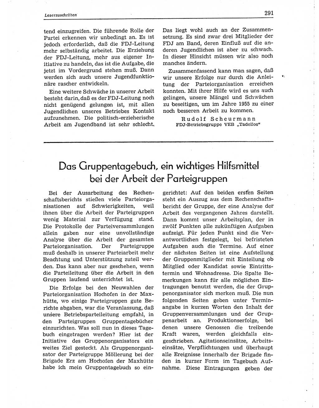 Neuer Weg (NW), Organ des Zentralkomitees (ZK) der SED (Sozialistische Einheitspartei Deutschlands) für Fragen des Parteiaufbaus und des Parteilebens, 10. Jahrgang [Deutsche Demokratische Republik (DDR)] 1955, Seite 291 (NW ZK SED DDR 1955, S. 291)