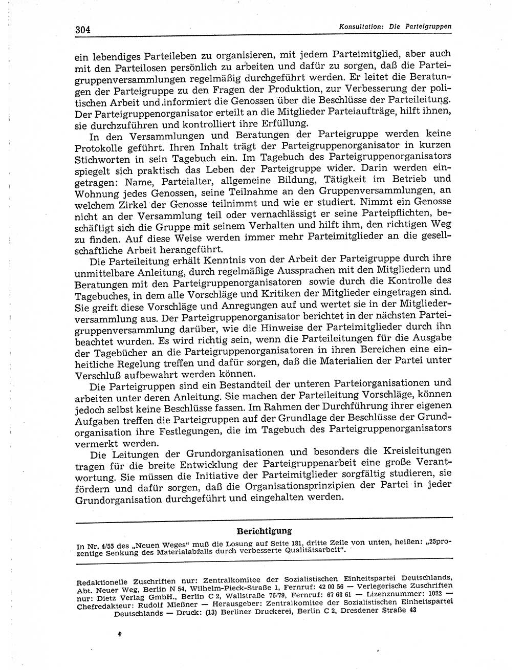 Neuer Weg (NW), Organ des Zentralkomitees (ZK) der SED (Sozialistische Einheitspartei Deutschlands) für Fragen des Parteiaufbaus und des Parteilebens, 10. Jahrgang [Deutsche Demokratische Republik (DDR)] 1955, Seite 304 (NW ZK SED DDR 1955, S. 304)